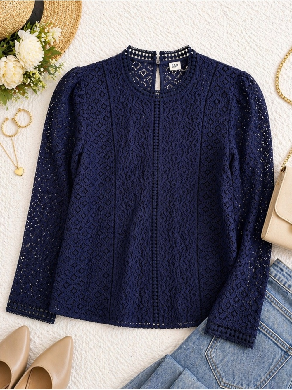 GAP Navy Lace Blouse Size M NWT Romantic Boho Cottagecore Top